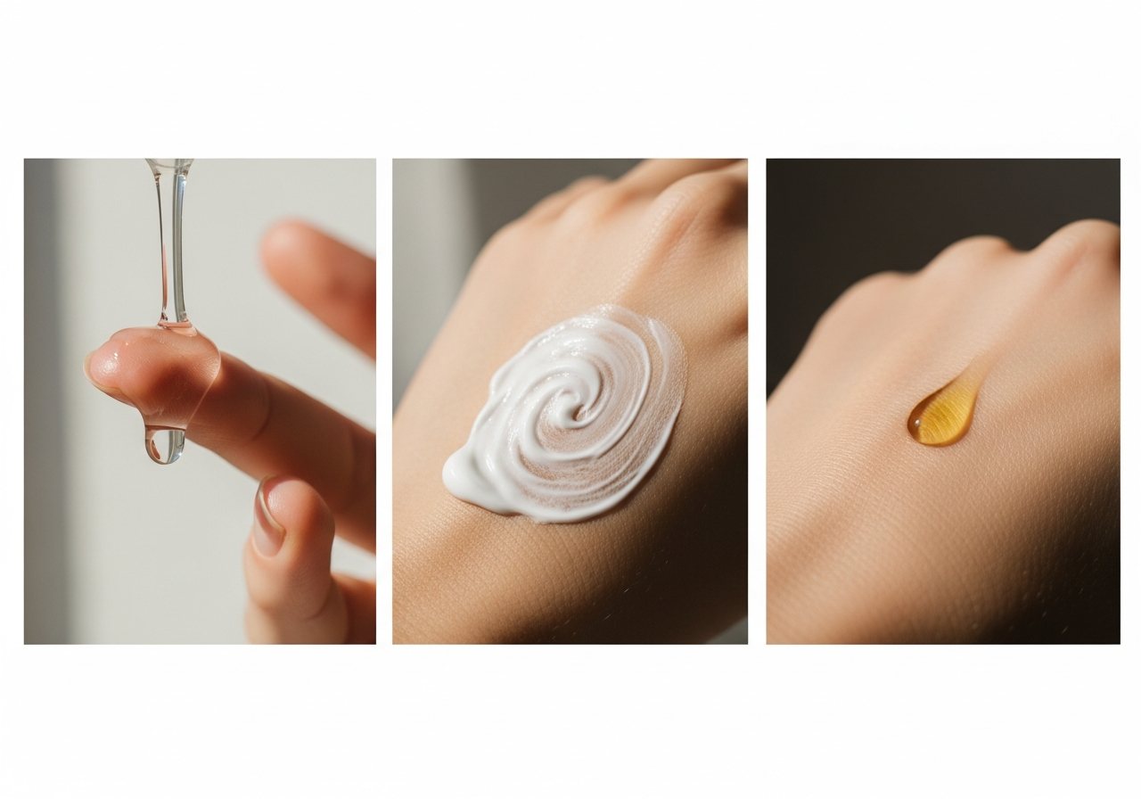 Tres texturas de skincare: gel, crema y aceite sobre la piel